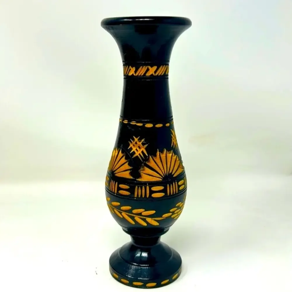 Vintage Hand-Carved Black & Gold Wooden Bud Vase / Folk Art Decorative Vessel